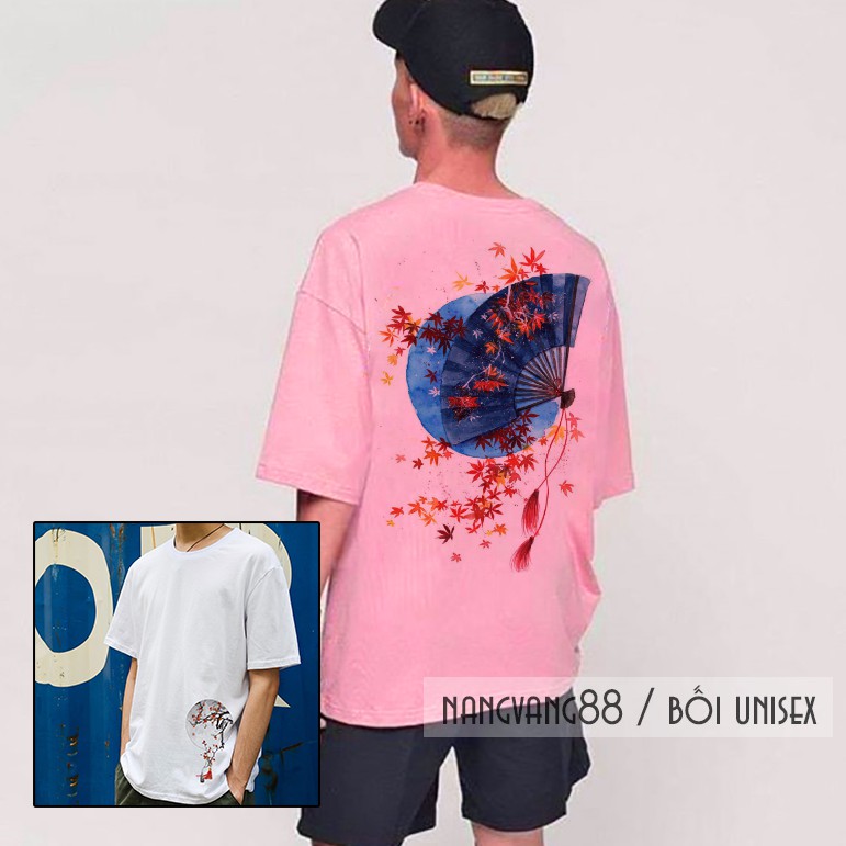Áo Thun Tay Lỡ Unisex Hoa Đỏ Trên Quạt Xanh Cực Chất