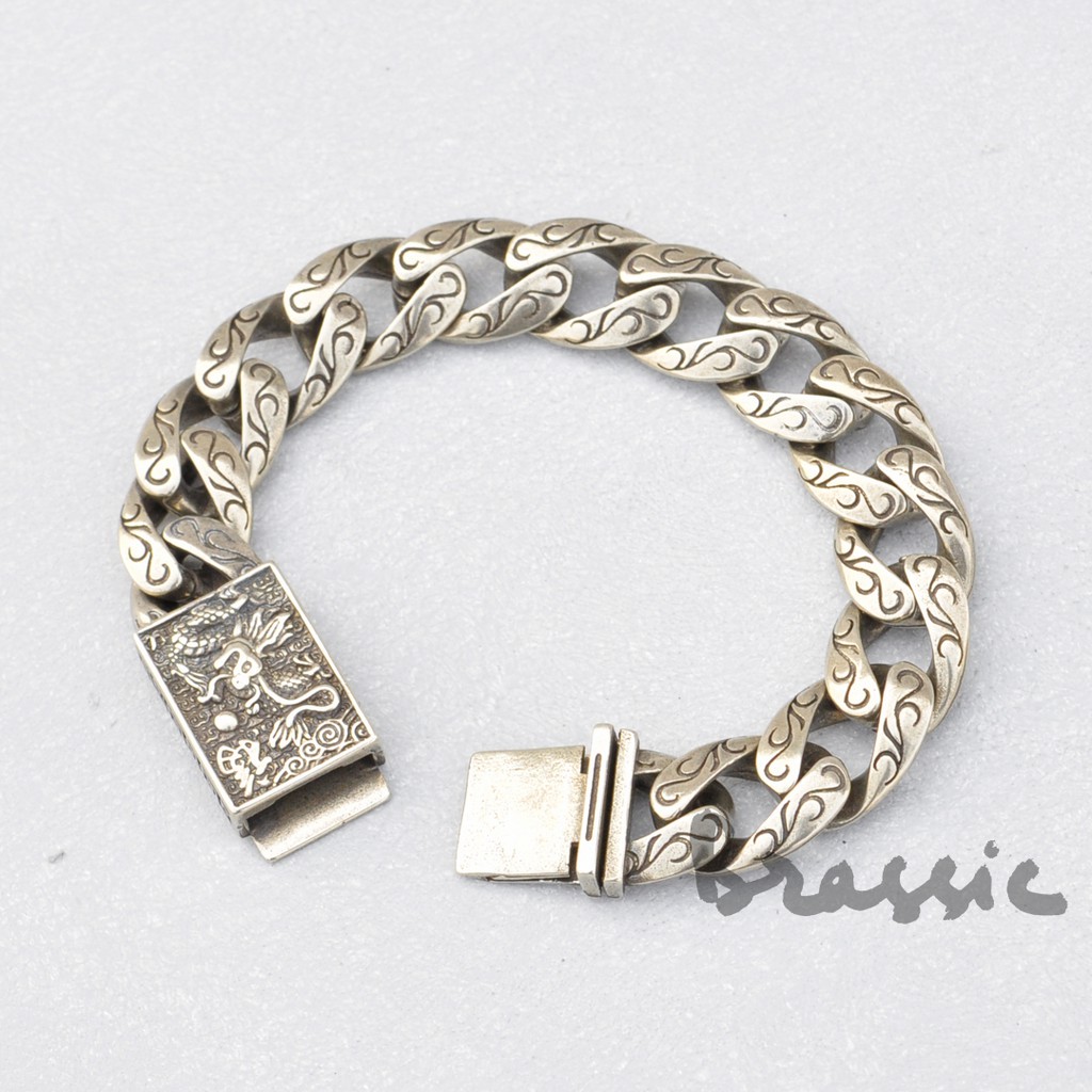 Vòng tay, lắc tay xích chất liệu đồng bạch bản to đúc đặc chạm hoa văn vintage VT24
