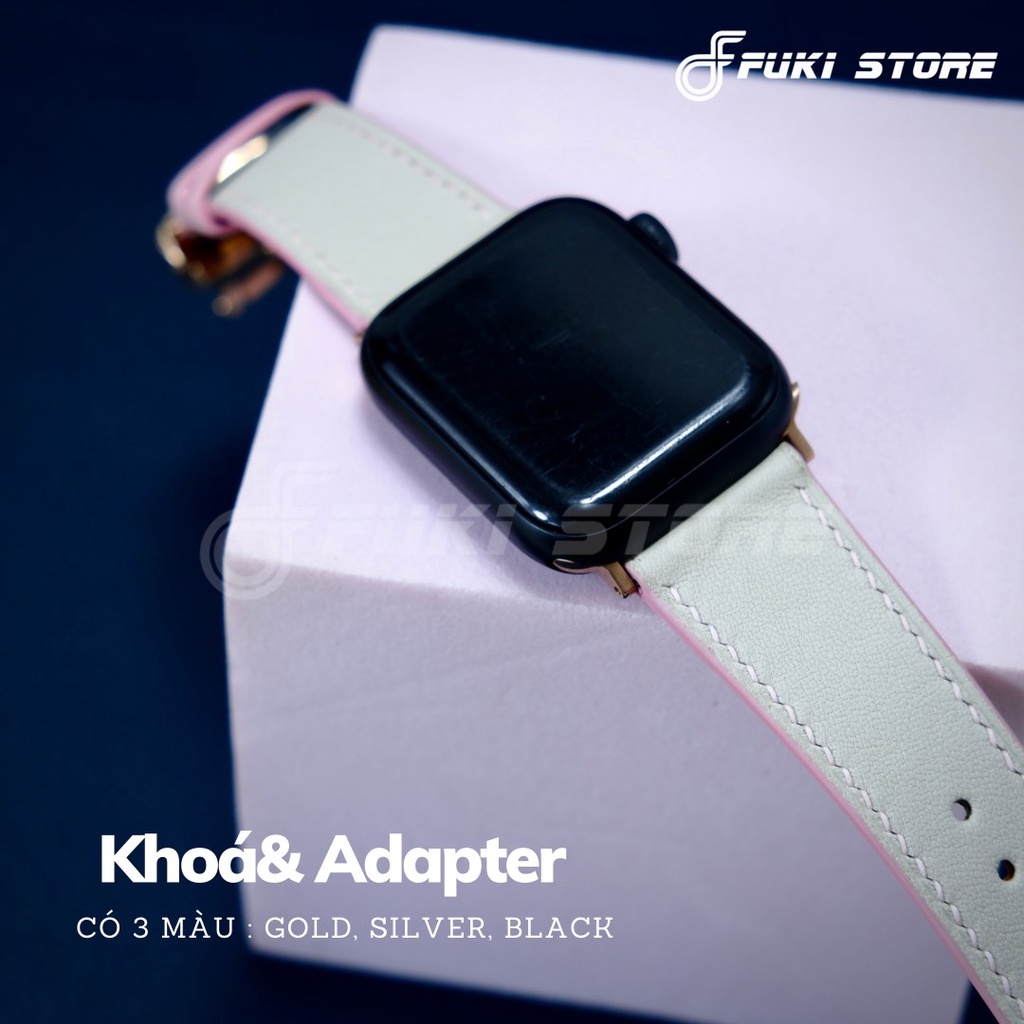 [DÂY DA THẬT] DÂY DA BÊ SWIFT MAY TAY THỦ CÔNG MÀU XÁM CHỈ HỒNG KHÓA BƯỚM CHO APPLE WATCH SERIES 1=&gt;7 (BẢO HÀNH 1 NĂM)