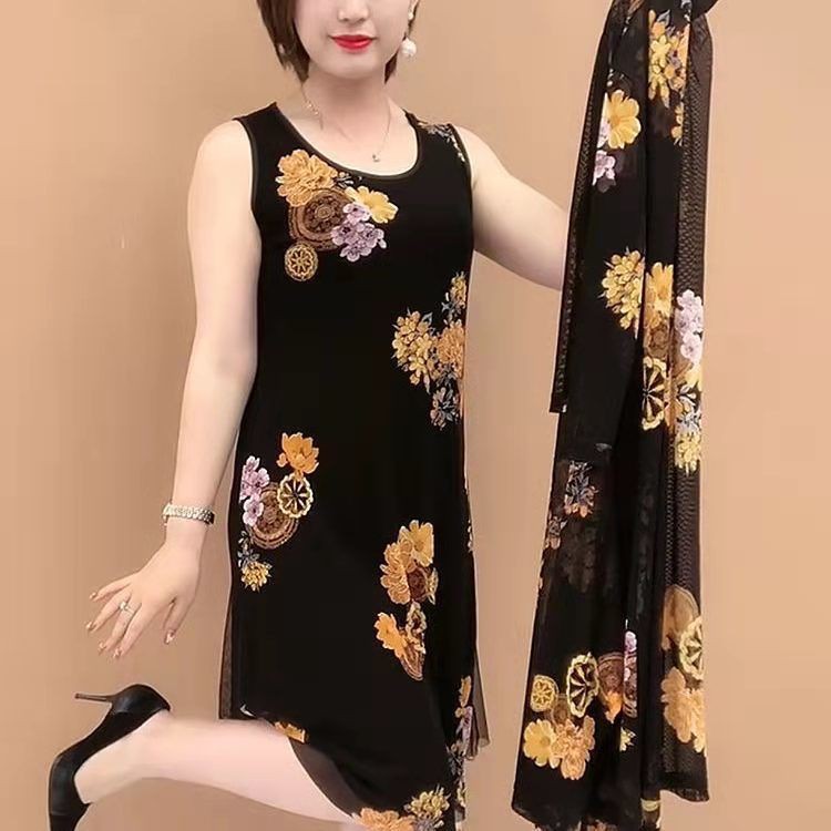Váy mùa hè cho bà mẹ trung niên mới Váy hai dây mùa hè của phụ nữ trung niên 40-50 tuổi in váy của mẹ với một phụ nữ rộn