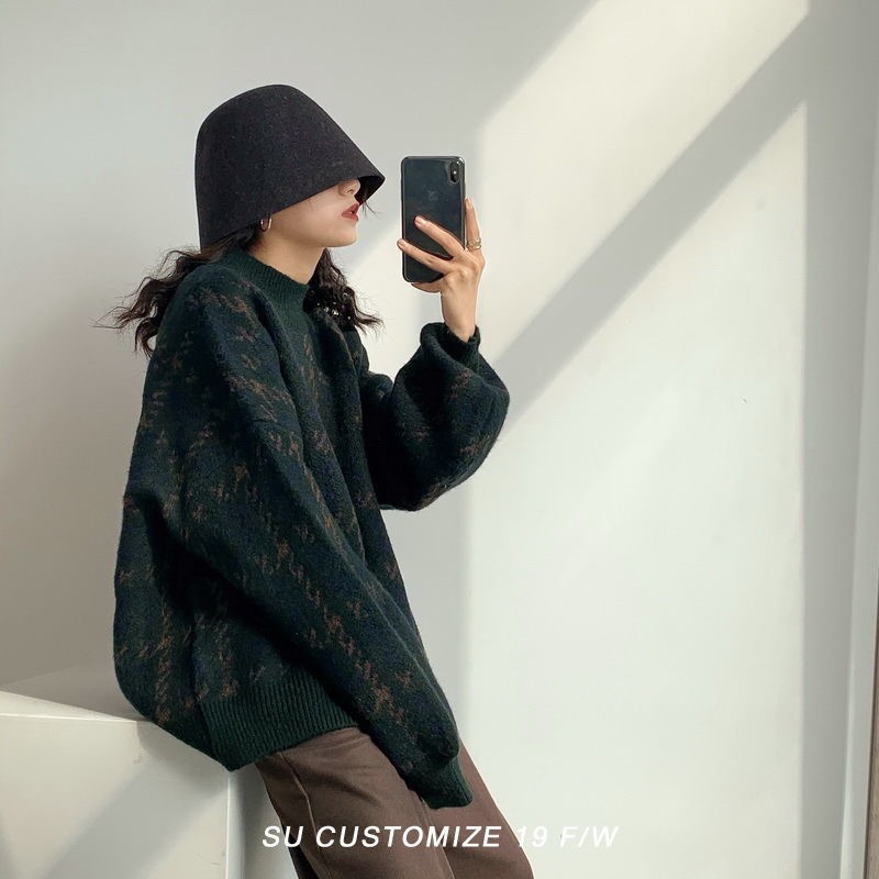 Xiaozhainv Áo sweater dệt kim dáng rộng tay lồng đèn kẻ sọc kiểu Hàn Quốc thời trang cho nữ | BigBuy360 - bigbuy360.vn
