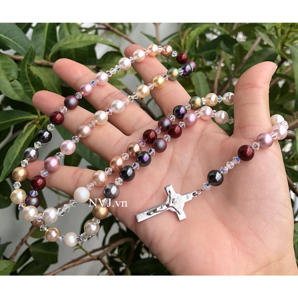 Chuỗi mân côi 50 hạt SWAROVSKI 8ly cao cấp sang đẹp tùy chọn màu, trang sức công giáo NVJ