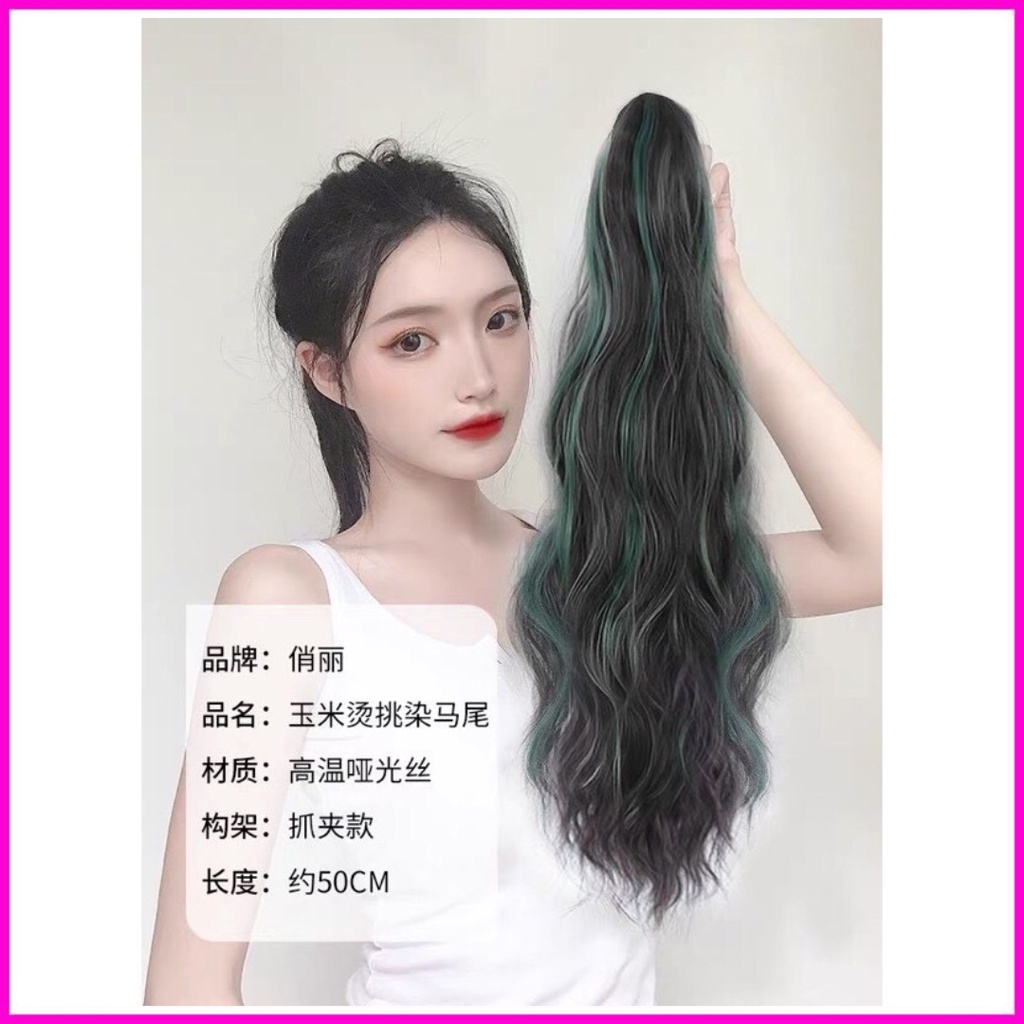 Tóc giả ngoặm, ngoạm xù light xanh lá dáng dài chất tóc sợi tơ cao cấp