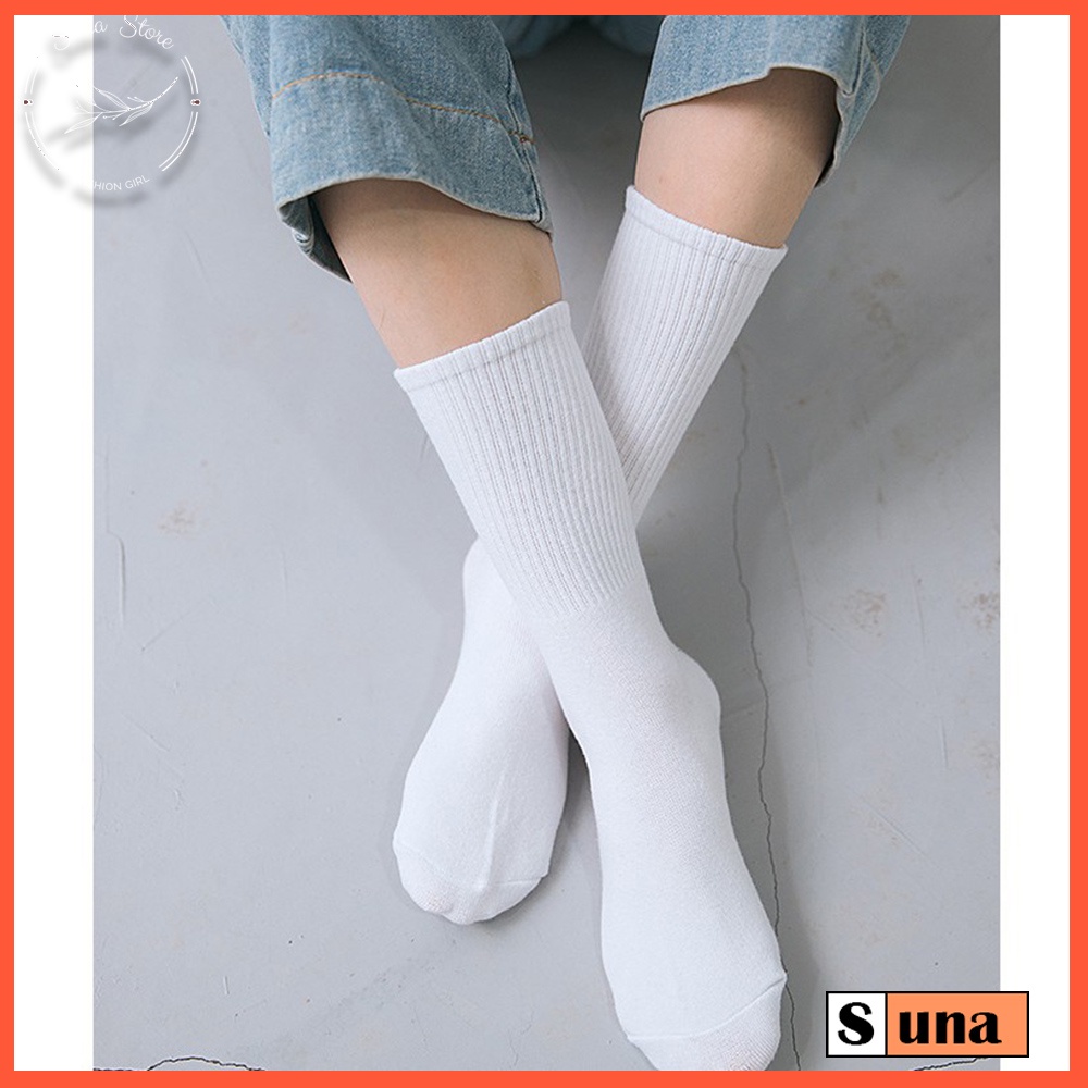 Tất cổ cao nam nữ trơn hai màu đen trắng, Tất cao cổ nữ SUNA FASHION chất cotton co dãn thấm hút mồ hôi T15