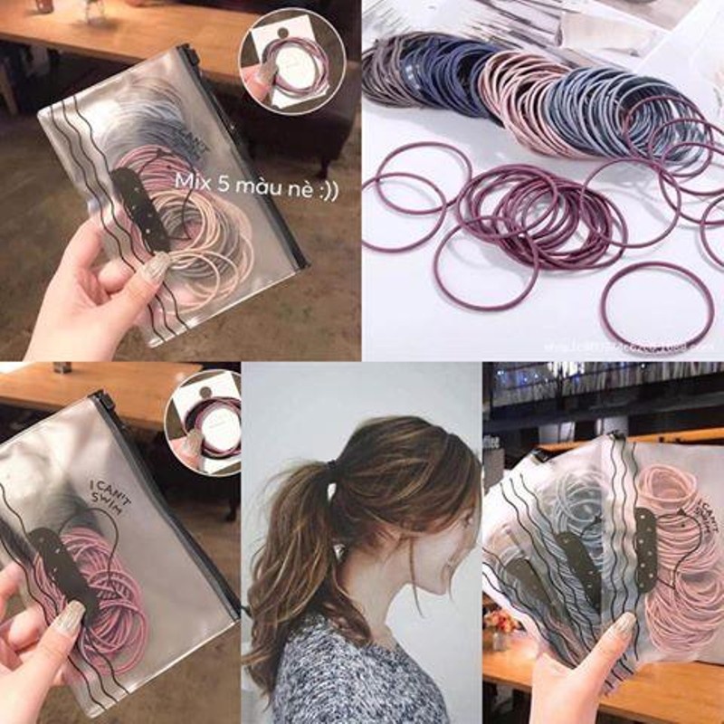 Set 100 sợi thun cột tóc kèm túi zip đựng cho nữ - Mix màu