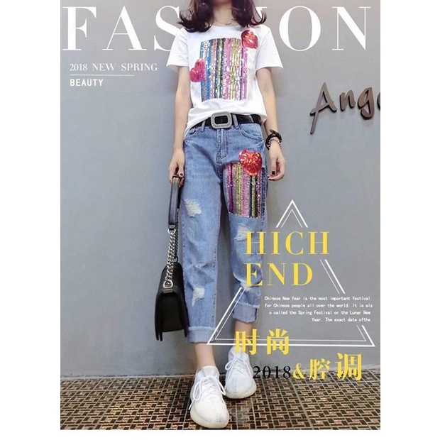 Set quần jean và áo thun tay ngắn đính sequin thời trang cá tính cnj (Có bán lẻ)