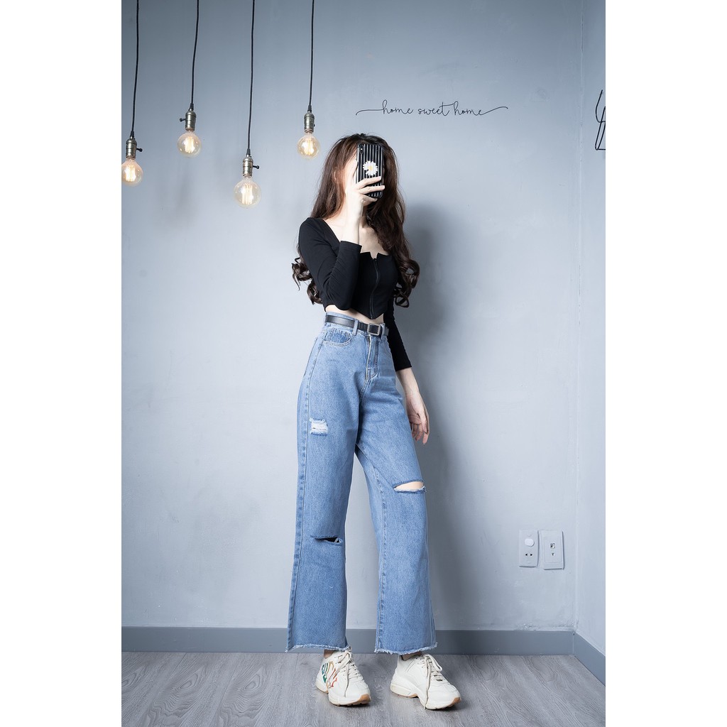 Quần Dài Ống Rộng Rách Kiểu Lưng Siêu Cao Chuẩn Form Dáng