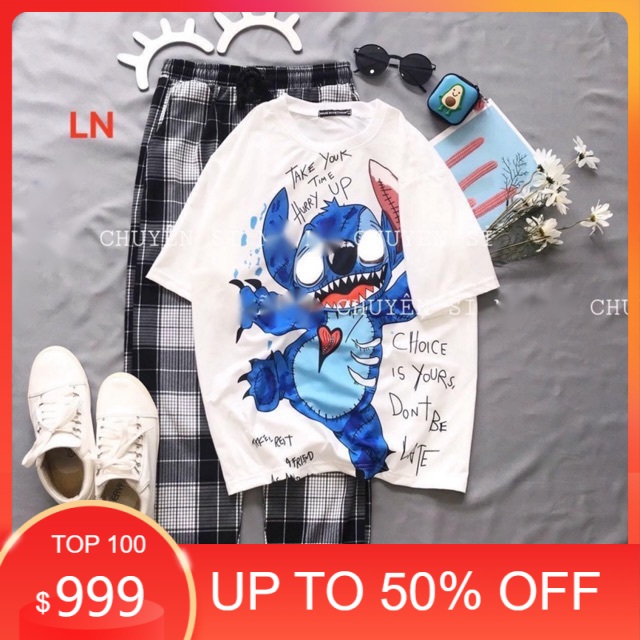 Sét Áo hoạt hình mắt trắng+ quần kẻ , sét áo nam nữ,  sét bộ mặc ở nhà MODY