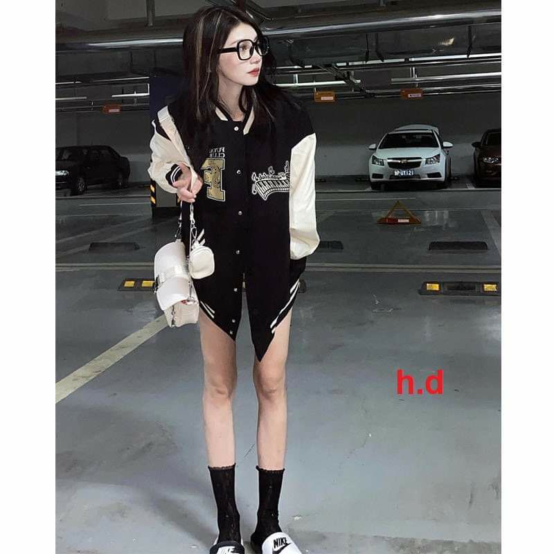 Áo Khoác Bomber Chữ F L cúc bấm nam nữJacket Unisex Chất nỉ vs gió Form &lt;55kgÁo Bóng Chày Phong cách Thể thao