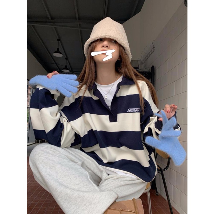 Áo Thun Polo Dáng Rộng Họa Tiết Kẻ Sọc Thêu Chữ Thời Trang Mùa Thu Mới Cho Nữ