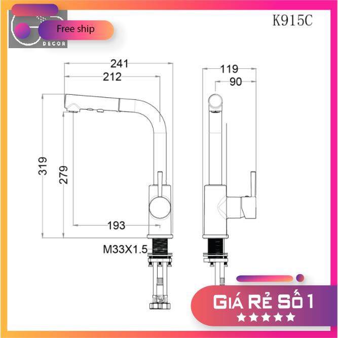 VÒI BẾP NÓNG LẠNH RÚT DÂY, VÒI RỬA CHÉN BÁT RÚT DÂY NÓNG LẠNH CAESAR K915C CHÍNH HÃNG