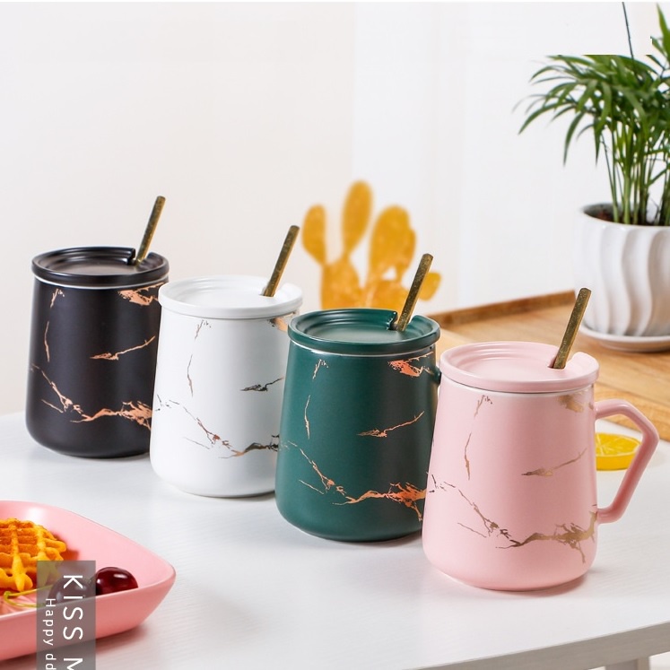 Cốc Uống Cafe, Đựng Kem Đánh Răng Gốm Sứ Cao Cấp Sang Trọng 400ml - Tặng Kèm Thìa