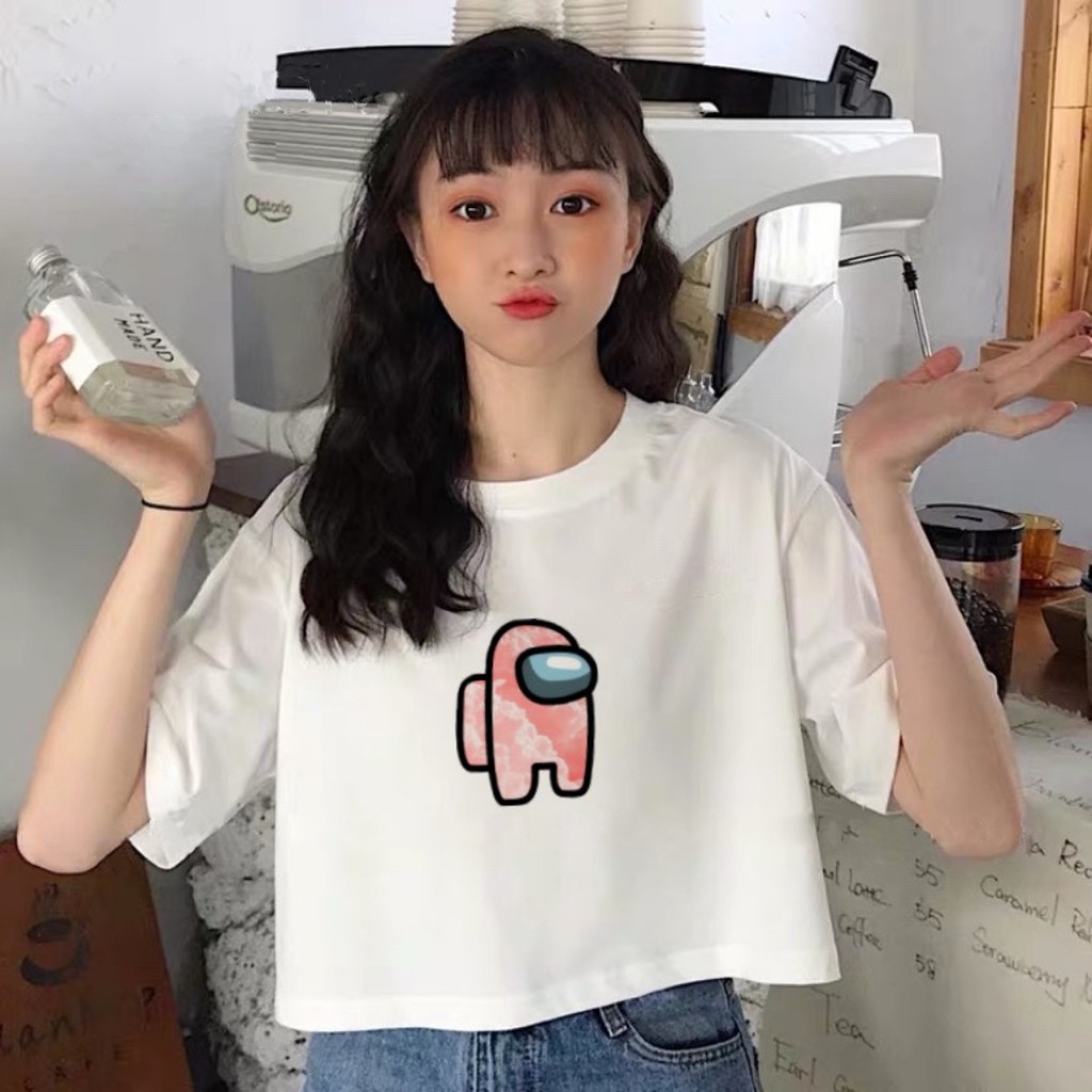 Áo Croptop Nữ Ngắn Tay Hoạ Tiết Among Us - Áo Croptop Chất Thun Màu Trắc Basic CT001