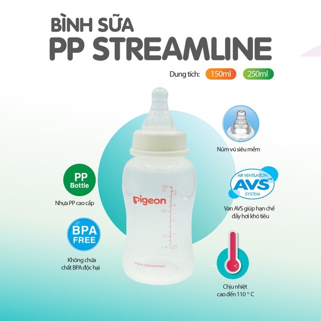 [CHÍNH HÃNG ] Bình Sữa Cổ Hẹp PP Streamline PIGEON( núm silicon siêu mềm siêu an toàn cho bé bú no ngủ kỹ)