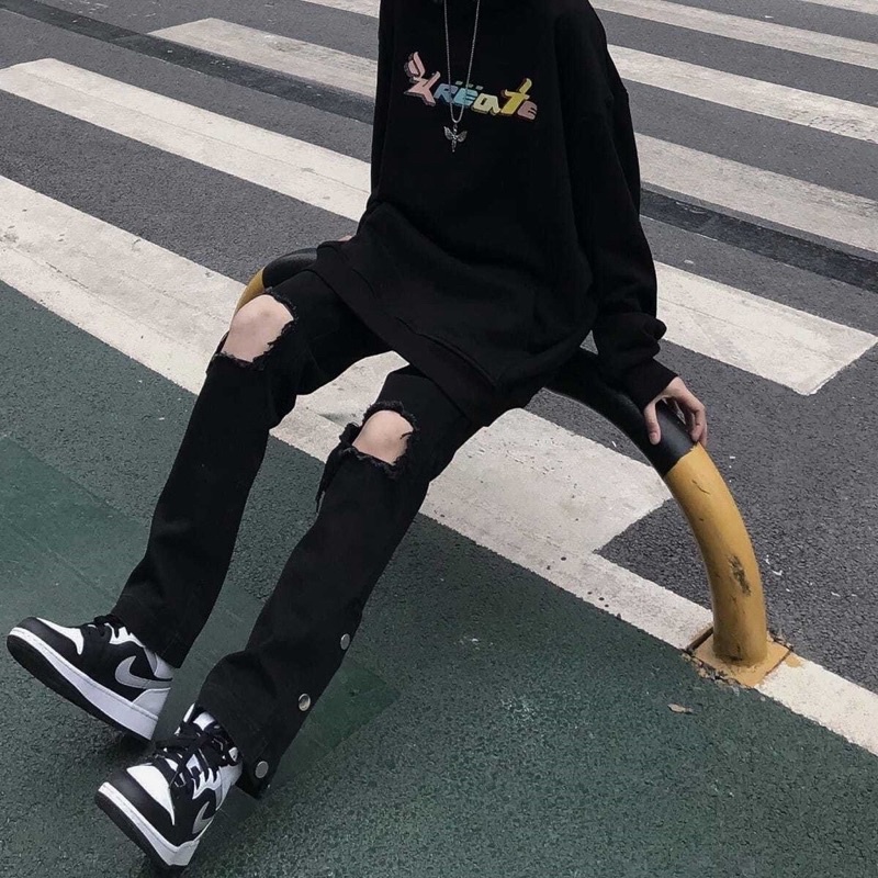 Quần jean button 3 cúc rách gối nam nữ phong cách unisex cargo pant