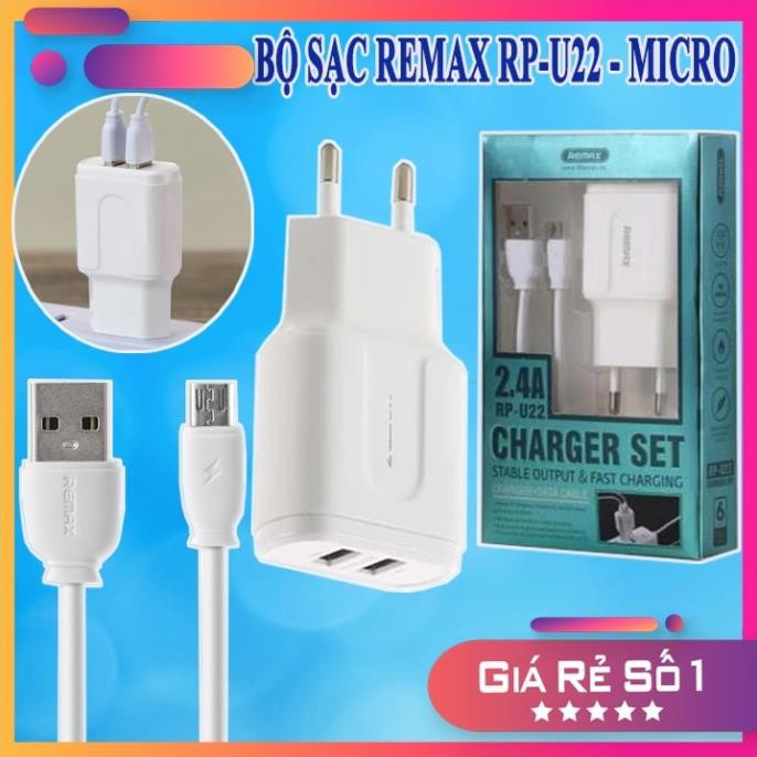 [FREESHIP] BỘ CỦ SẠC NHANH 2 CỔNG CHÂN MICRO USB - Remax Rp U22 Kèm Cáp Micro Usb - PHỤ KIỆN CÔNG NGHỆ HÀ NỘI