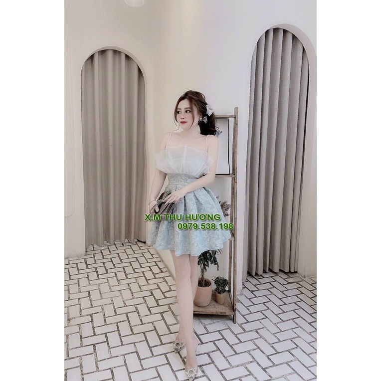 Đầm xoè tiểu thư đẹp, váy nữ xòe vải xốp Hàn hoa ly nổi 3D phối 2 dây ngọc , Loại 1