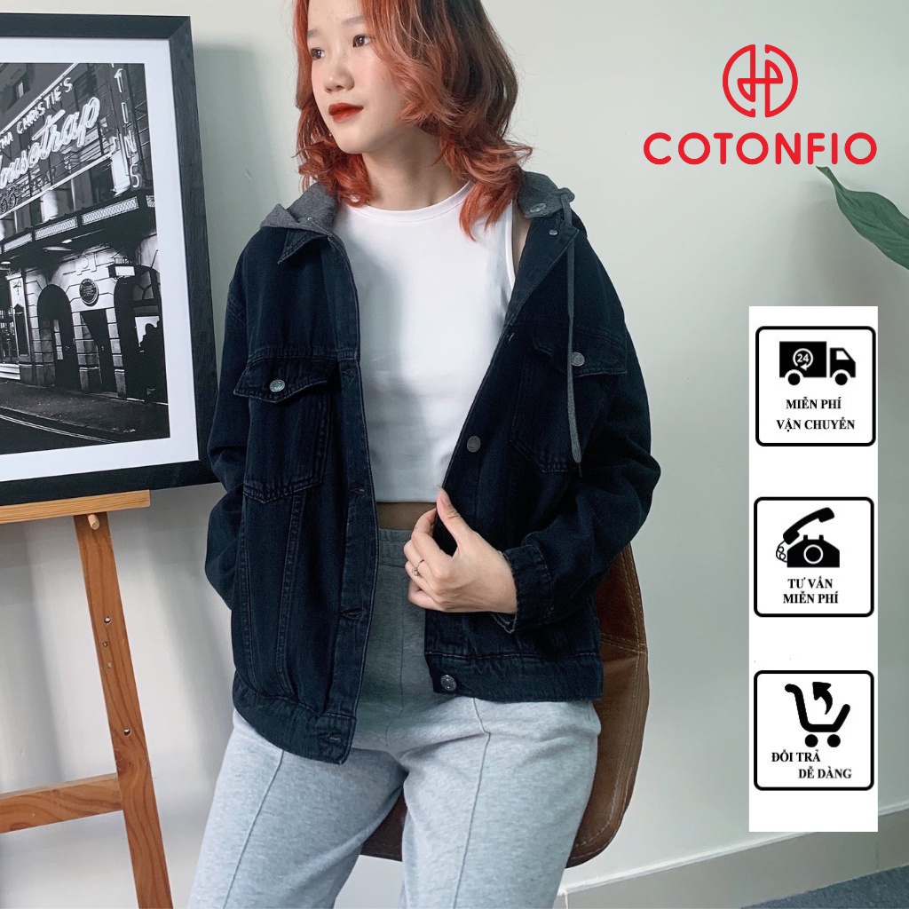 Áo Khoác Jean Nữ Áo Bò Chống Nắng COTONFIO 8077 Đen form vừa vặn có mũ nón phong cách hàn quốc