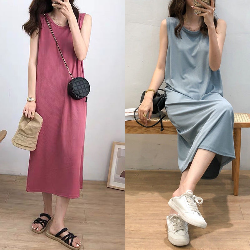 Đầm Ngủ Sát Nách Cổ Tròn Dáng Rộng Vải Lụa Mát Thời Trang Mùa Hè Cho Bạn Gái