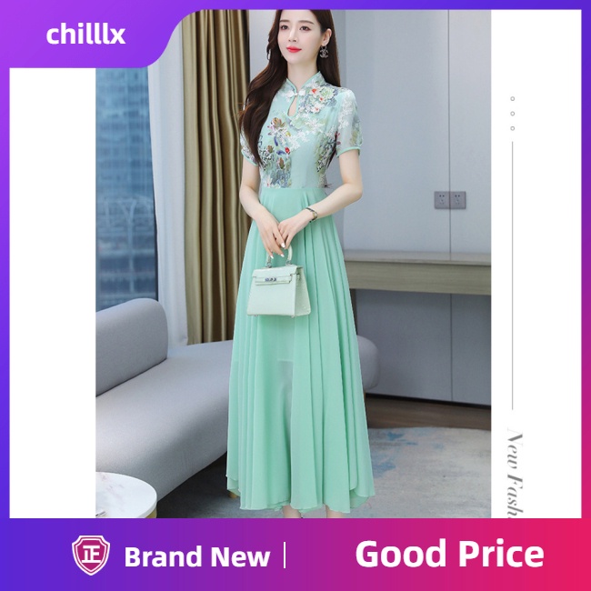 Đầm Sườn Xám Vải Voan Cổ Đứng In Họa Tiết Phong Cách Trung Hoa Cho Nữ