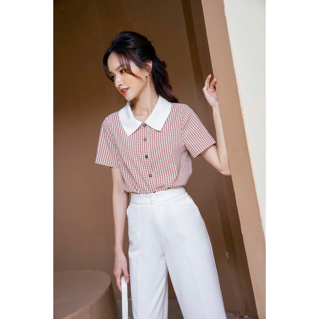 Áo sơ mi kẻ cộc tay phối cổ sen vuông trắng TIIN STORE AHN309 | BigBuy360 - bigbuy360.vn