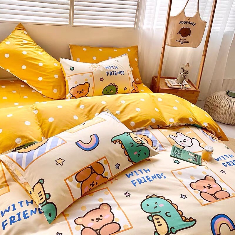 Set Chăn Ga Hoạt Hình Thú Nền Vàng Cotton Living Siêu Đáng Yêu Thoáng Mát (Shinbedding_store)