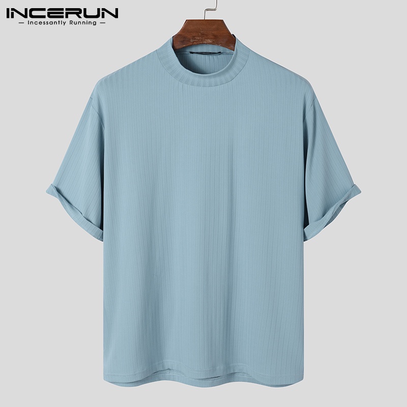 Áo thun INCERUN tay lỡ cổ tròn màu sắc đơn giản cho nam