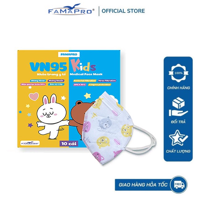 Khẩu trang y tế trẻ em 4 lớp kháng khuẩn Famapro VN95 Kids (10 cái/hộp)
