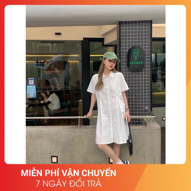 Đầm Sơ Mi Thô Hàn 24AP Nữ [FREESHIP] Váy suông dáng rộng tay lỡ, thiết kế viền eo màu TRẮNG | BE cá tính Ulzzang | BigBuy360 - bigbuy360.vn