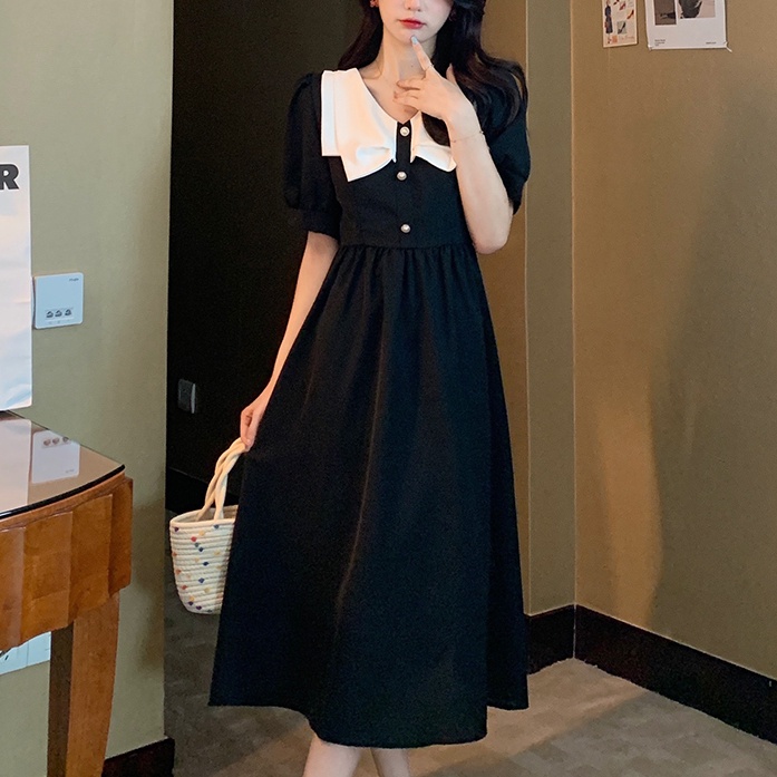 Đầm midi SUXI tay ngắn cổ chữ V màu đen dáng chữ A phong cách vintage thời trang mùa hè cho nữ