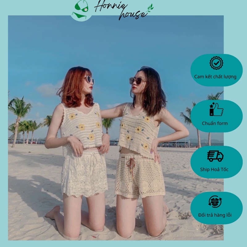 {Kèm Ảnh Thật}Set Len sợi đan đi biển sống ảo- áo len sát nách thêu hoa cúc + quần ren hot hit