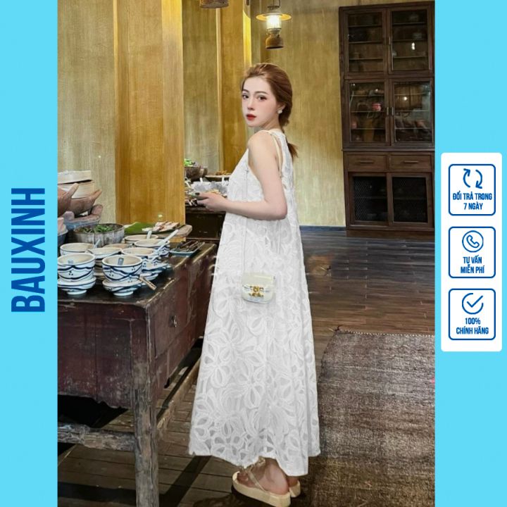 Váy bầu bigsize thời trang thiết kế chất ren 2 lớp thoáng mát freesize từ 45 đến 75kg-Maxi suông dài dễ thương