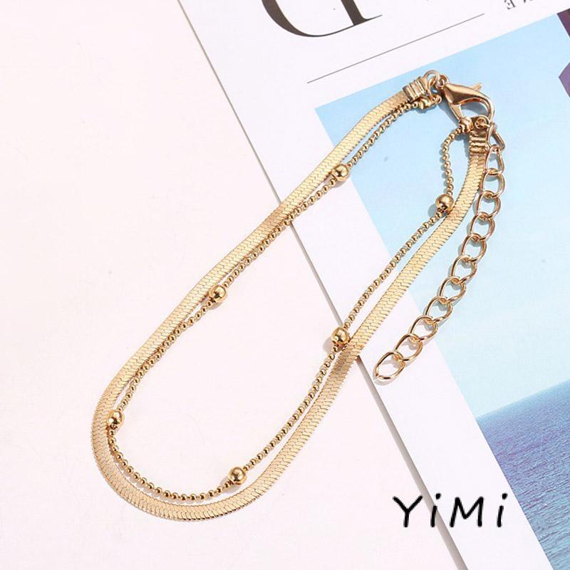 Lắc Chân Hai Lớp Xỏ Hạt Tròn Và Xương Rắn Đơn Giản Thời Trang Cho Nữ