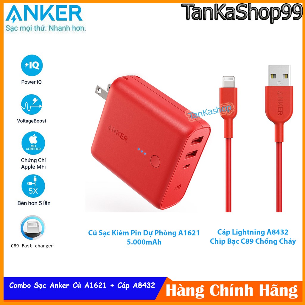 Combo Anker Củ Sạc Kiêm Pin Dự Phòng 5.000mAh A1621 + Cáp Lightning A8432 Chip Bạc C89 Chống Cháy