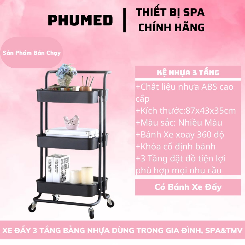 kệ nhựa 3 tầng có bánh xe đẩy dùng trong spa, phun xăm, thẩm mỹ viện