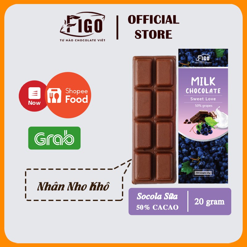 [Chính hãng] Bar 20gr- Milk Chocolate, Kẹo Socola sữa 50% Cacao nhân Nho khô, giòn thơm,tan ngay trong miệng, chất lượng