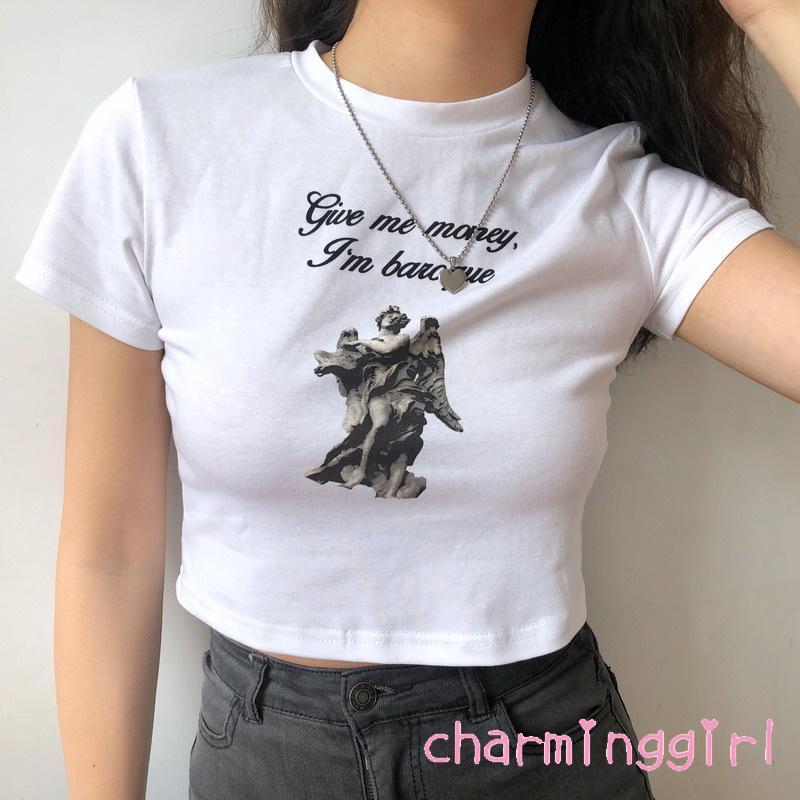 Áo tay ngắn cổ tròn họa tiết in ấn sành điệu trẻ trung cho nữ