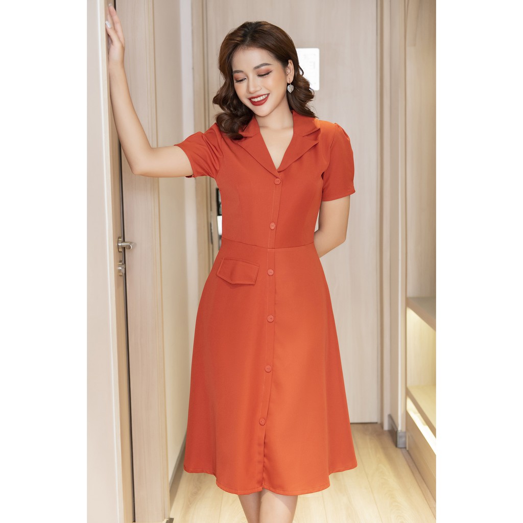 Đầm vest màu cam gạch Da1397 phối hàng cúc và túi thật phía trước | BigBuy360 - bigbuy360.vn