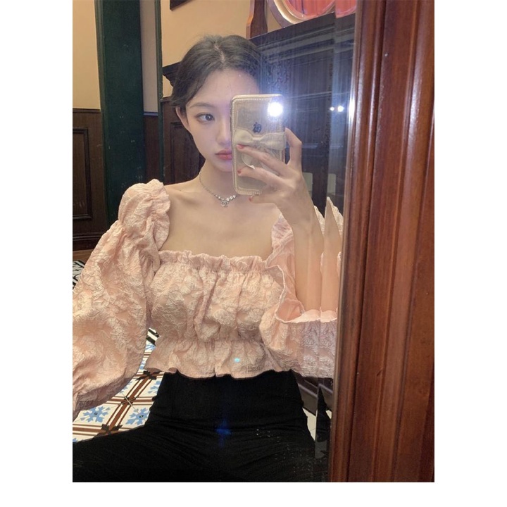 Áo trễ vai hoa gấm bánh bèo Croptop hở vai tay bồng bèo nhún, Áo hở vai đi biển tay dài gấm xốp