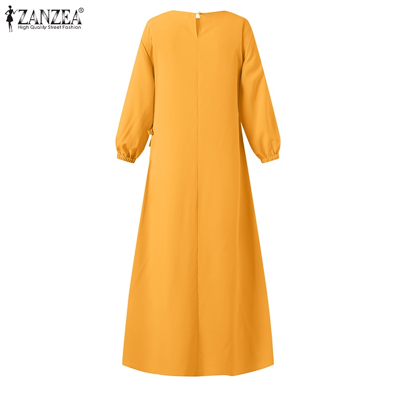 Đầm ZANZEA dáng chữ A cổ tròn xếp ly hai lớp eo thắt dây màu trơn cho phụ nữ phong cách Hồi Giáo