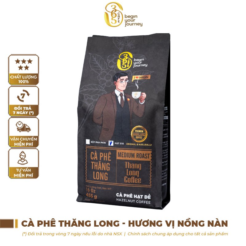 Cà phê Thăng Long nguyên chất 365 Cafe rang xay nguyên chất, hương hạt dẻ Hazelnut pha phin, pha máy TL365