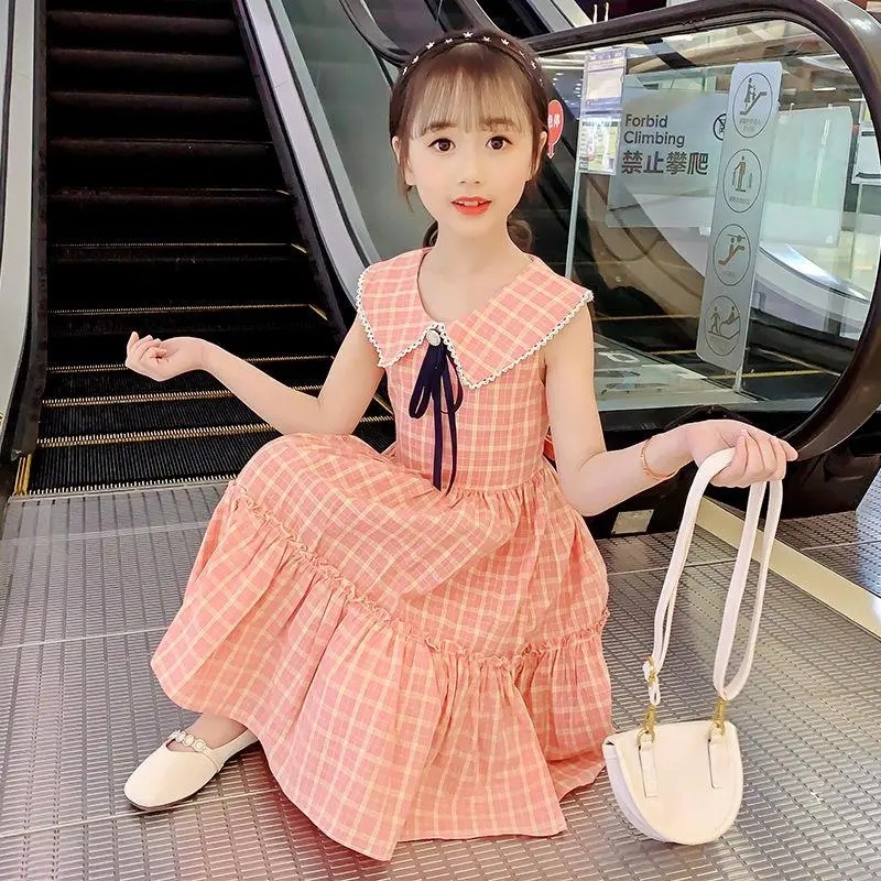 Đầm Công Chúa Sát Nách Cổ Búp Bê Vải Cotton Sọc Ca Rô Thời Trang Xinh Xắn Cho Bé Gái 3-14 Tuổi 110-160cm