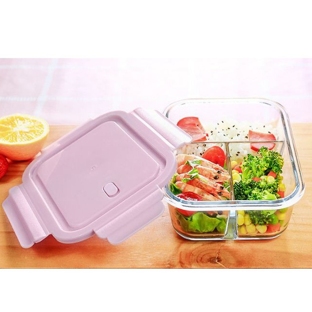 Hộp đựng cơm thủy tinh Freeship hộp thuỷ tinh 3 ngăn dung tích 1000ml sử dụng được lò vi sóng