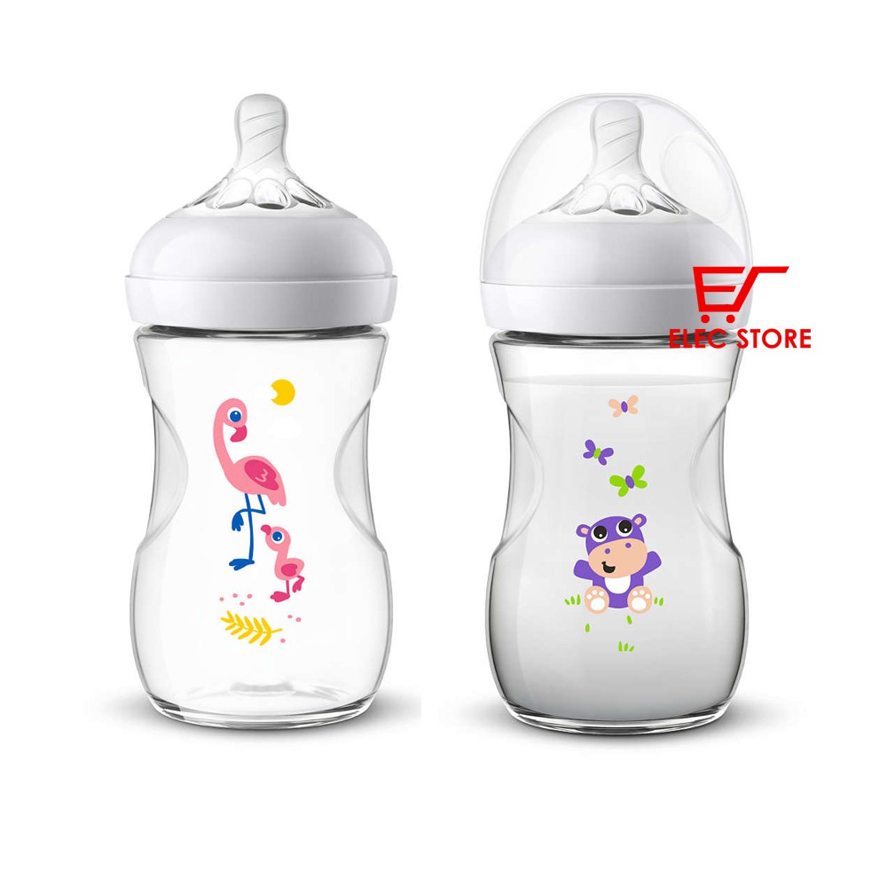 Bình sữa AVENT 260ml hoạ tiết Hạc - Hà Mã chọn núm