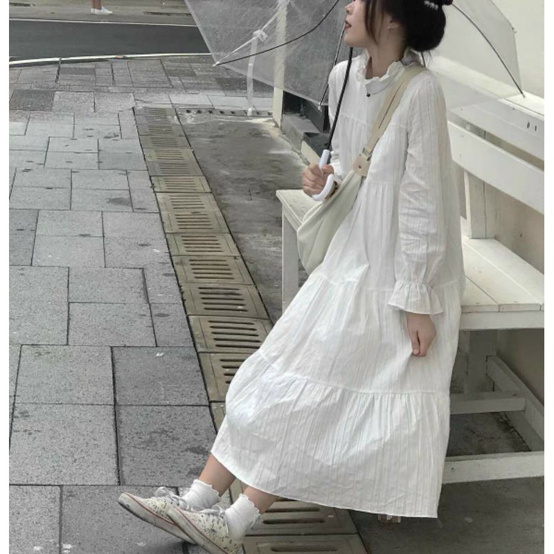 ĐẦM VÁY BABYDOLL TRẮNG BÈO DÀI TAY DÁNG XUÔNG