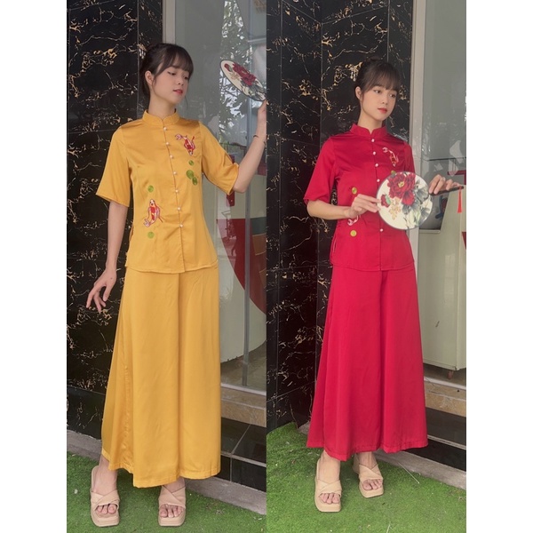 set lụa đồ lam đi chùa cao cấp, cá ngọc quần váy