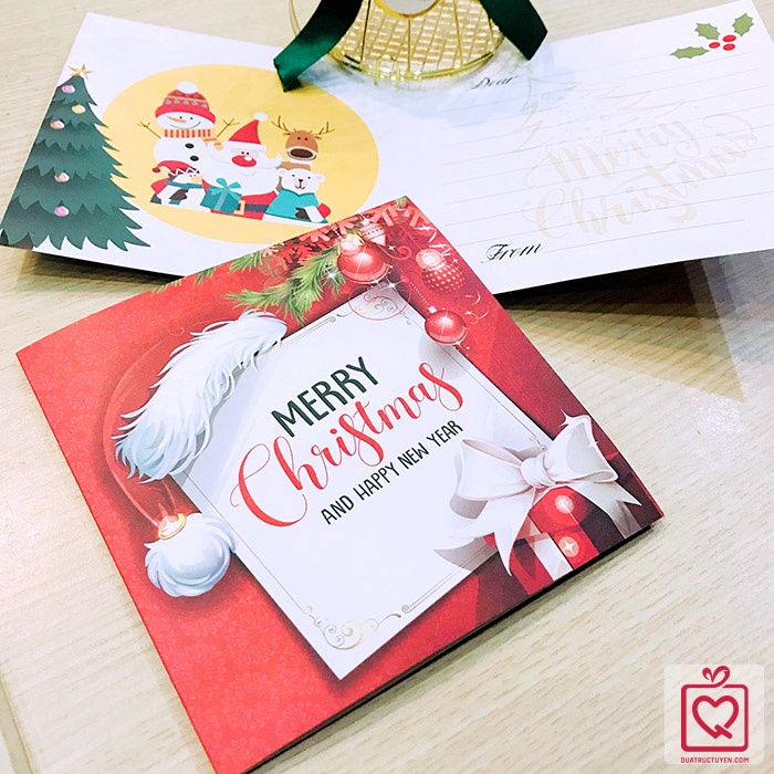 Thiệp Giáng Sinh Merry Christmas Đỏ -Vuông gấp thiệp noel 10x10cm thiệp ghi lời chúc, trang trí hộp quà