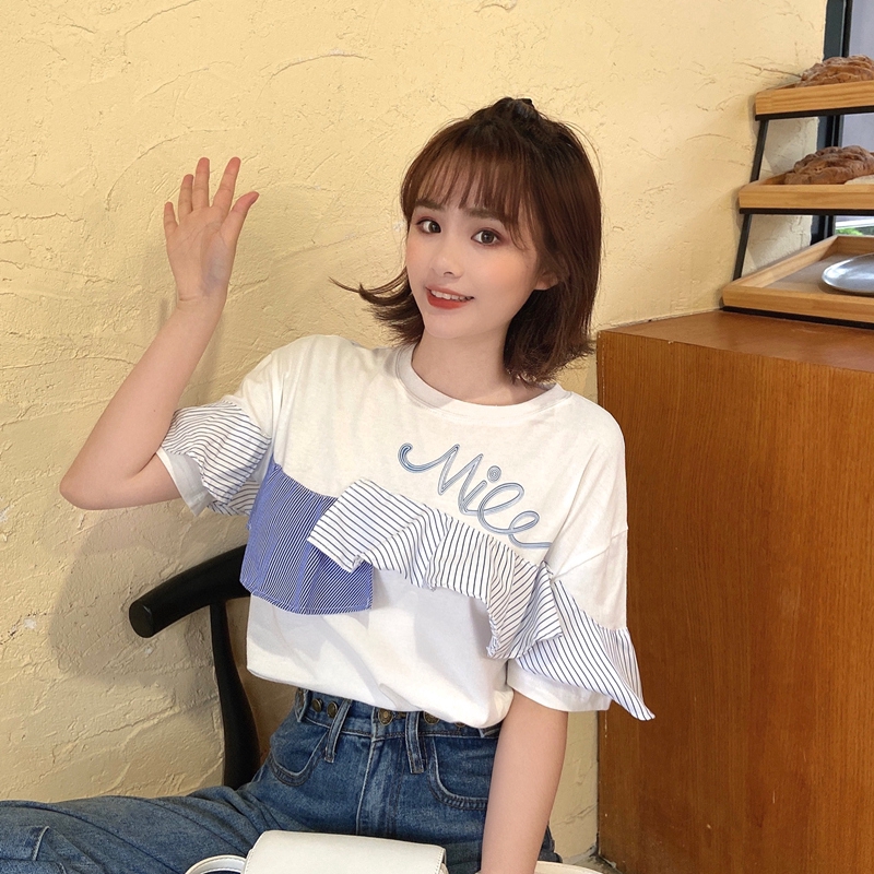 SUXI Áo Thun Tay Ngắn Cổ Tròn Phối Bèo Phong Cách Hàn Quốc Cho Nữ