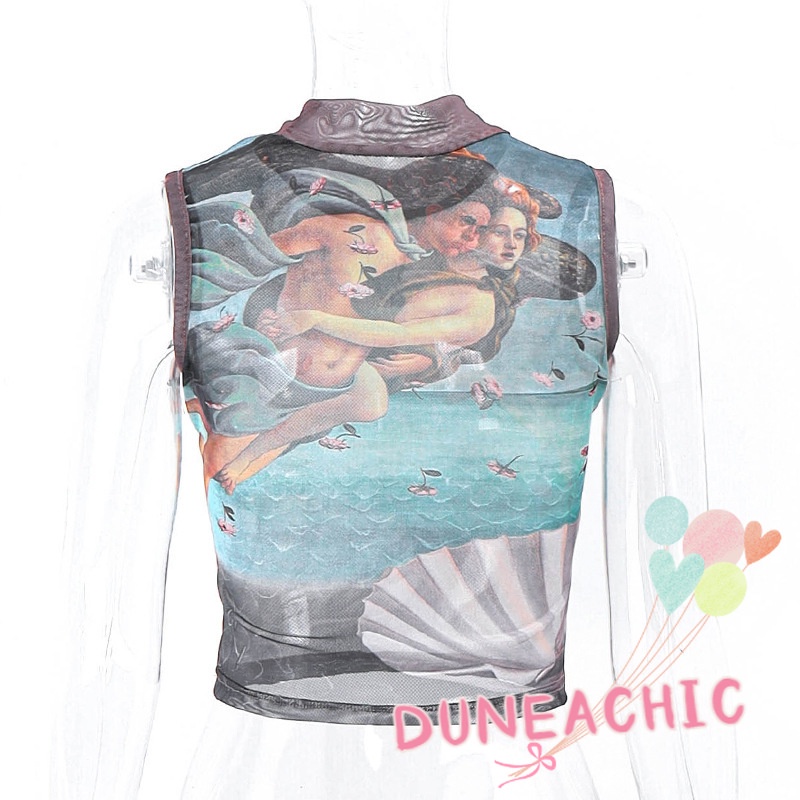 DUNEA Áo Tank Top Cổ Tròn In Họa Tiết Nghệ Thuật Phong Cách Đường Phố Cho Nữ