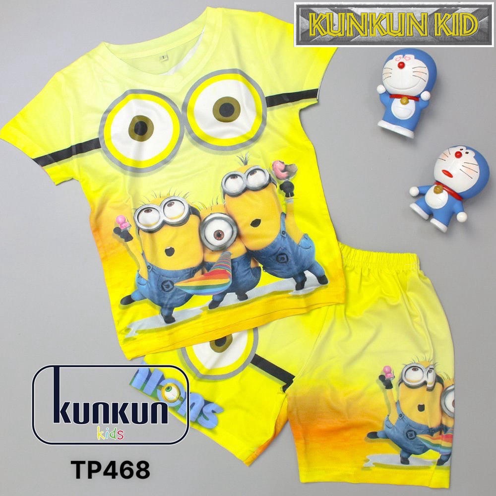 Đồ bộ thun lạnh bé trai tay ngắn in 3d hình minions size đại từ 10kg-40kg thun lạnh Kunkun Kid TP468